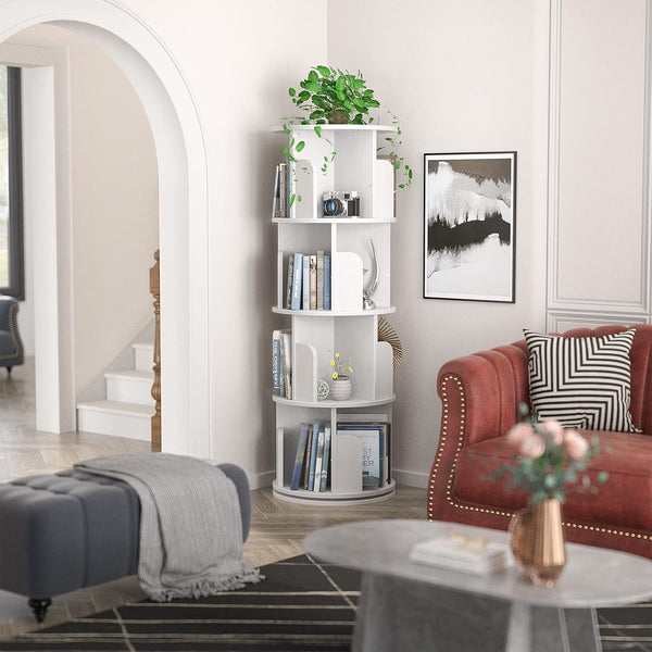 Aheaplus Rotating Bookshelf, 4 Tier Wood Revolving Bookcase Tower, White