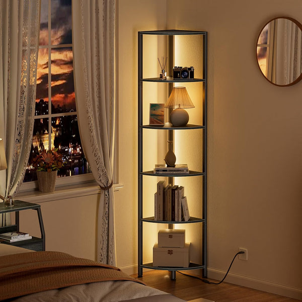 6 Tier Corner Shelf with LED Light, 67.5" Black Narrow Bookshelf
