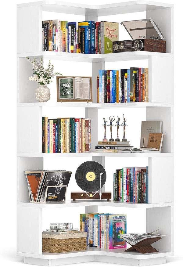 Corner Book Shelf, 6-Shelf L Shaped Corner Bookshelf with Baffle, White