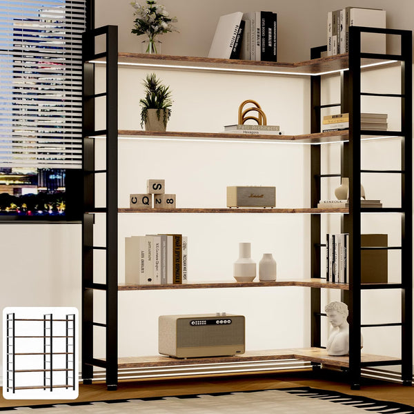 65" X 50" Straight Wide 5 Tier Bookshelf with LED Light, L Shaped Bookcase with Adjustable Feet, Corner Book Case with 10 Open Shelves, Shelf Unit Display Shelf for Living Room, Home Office