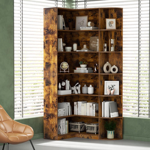 Bookshelves, 6 Tiers Shelf Large Tall Corner Etagere Bookcase with Full Baffle, L-Shaped Modern Storage Display Industrial Book Shelf for Bedroom, Home Office, Living Room & Kitchen, Rustic