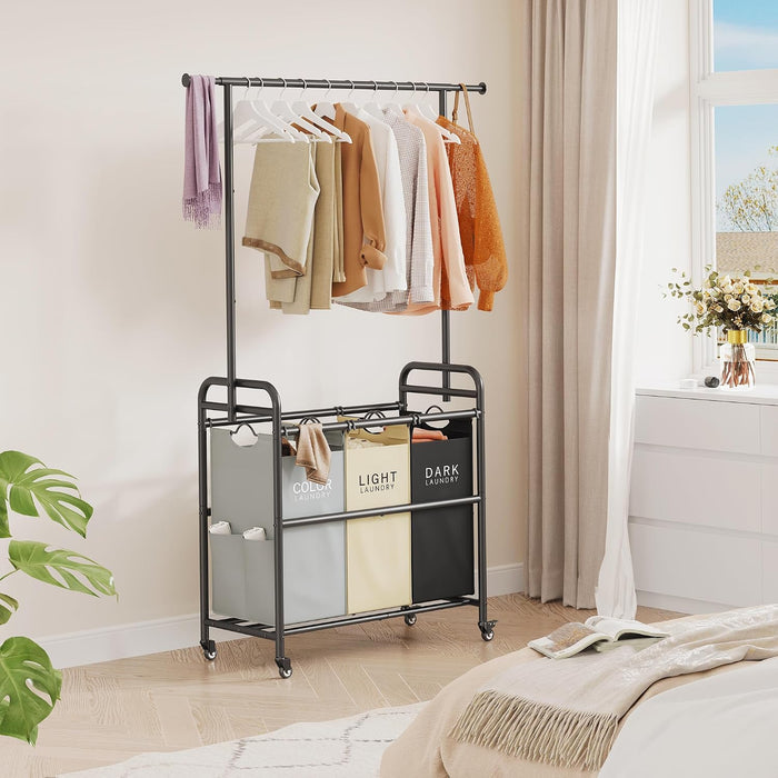 Tajsoon Three-Bag Rolling Laundry Sorter with Hanging Bar
